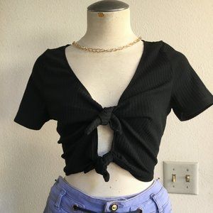 MIAMI Textured Crop Top Tank Two Knotted Front Short Sleeve Lightweight Blk M